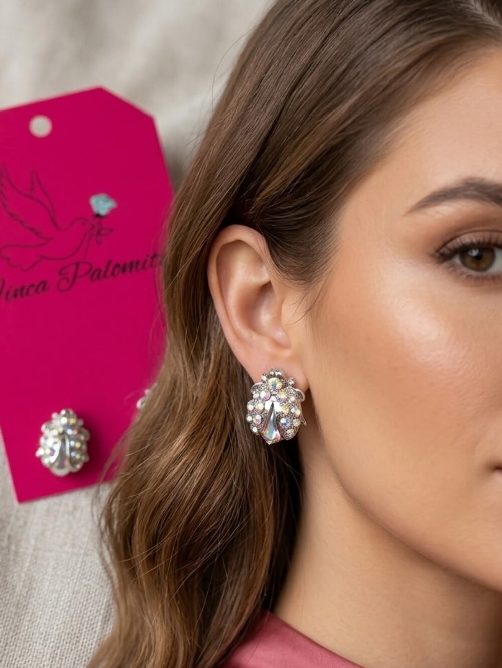 Iridescent Pearl and Crystal Stud Ladybug Earrings NWT